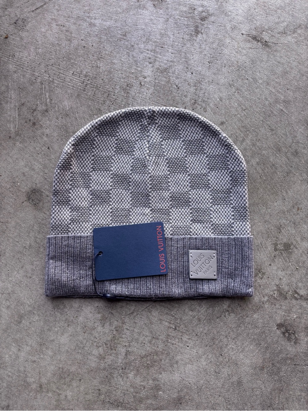 Louis Vuitton Gray Checkered Knit Beanie with LV Patch